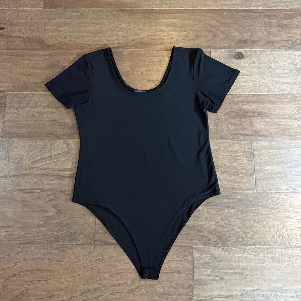 Halogen Womens XL Black Short Sleeve Scoop Neck Snap Gusset‎ Bodysuit Stretch
